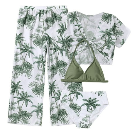 Sopiago Girls 4 Piece Swimsuits Tropical Print Swimwear Halter Bikini Set Bathing Suits with Kimono and Cover Up Pants Green 7-8 Years