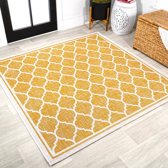 JONATHAN Y SANTA MONICA 5' Square Area Rug, Trebol Moroccan Trellis Textured Weave - Yellow/Cream, SMB109F-5SQ
