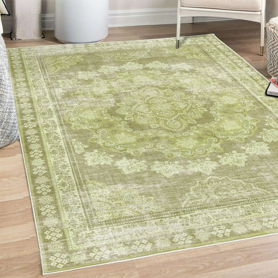 Vintage Decorative Rug, Weathered Style Print of Medallion Ornaments and Bohemian Flourishes, Quality Carpet for Bedroom Dorm and Living Room, 6 Sizes, Pistachio Green and Khaki, by Ambesonne