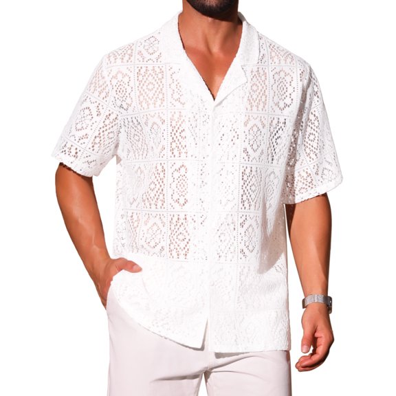 DARING DIVA Men's Hollow Lace Button Down Short Sleeve See Through Mesh Shirts M White