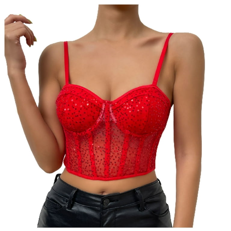 Olyvenn Summer Womens Sling Shapewear Tube Tops Deals Sport Sleeveless  Corset Bra Tanks Perspective Lace Hollow Shirts Sexy Halter Cami Seamless  Body Shaper Slimming Cami Bodysuit Red 2