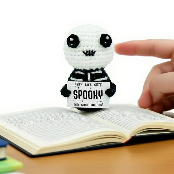 Halloween Doll Toy Handmade Skeleton Crochet Doll Inspirational Quote Plush Unique Gift for Home Office Desk Halloween Decoration Collectible Toy