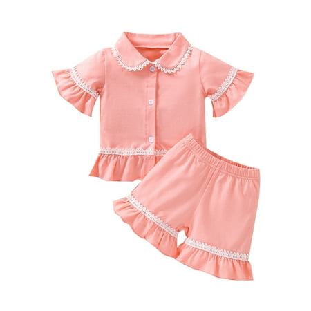 

Frobukio Toddler Kids Baby Girls Pajamas Sets Ruffles Sleeve Lace Button Down Solid T-Shirt Tops + Shorts Sleepwear Orange Pink 2-3 Years