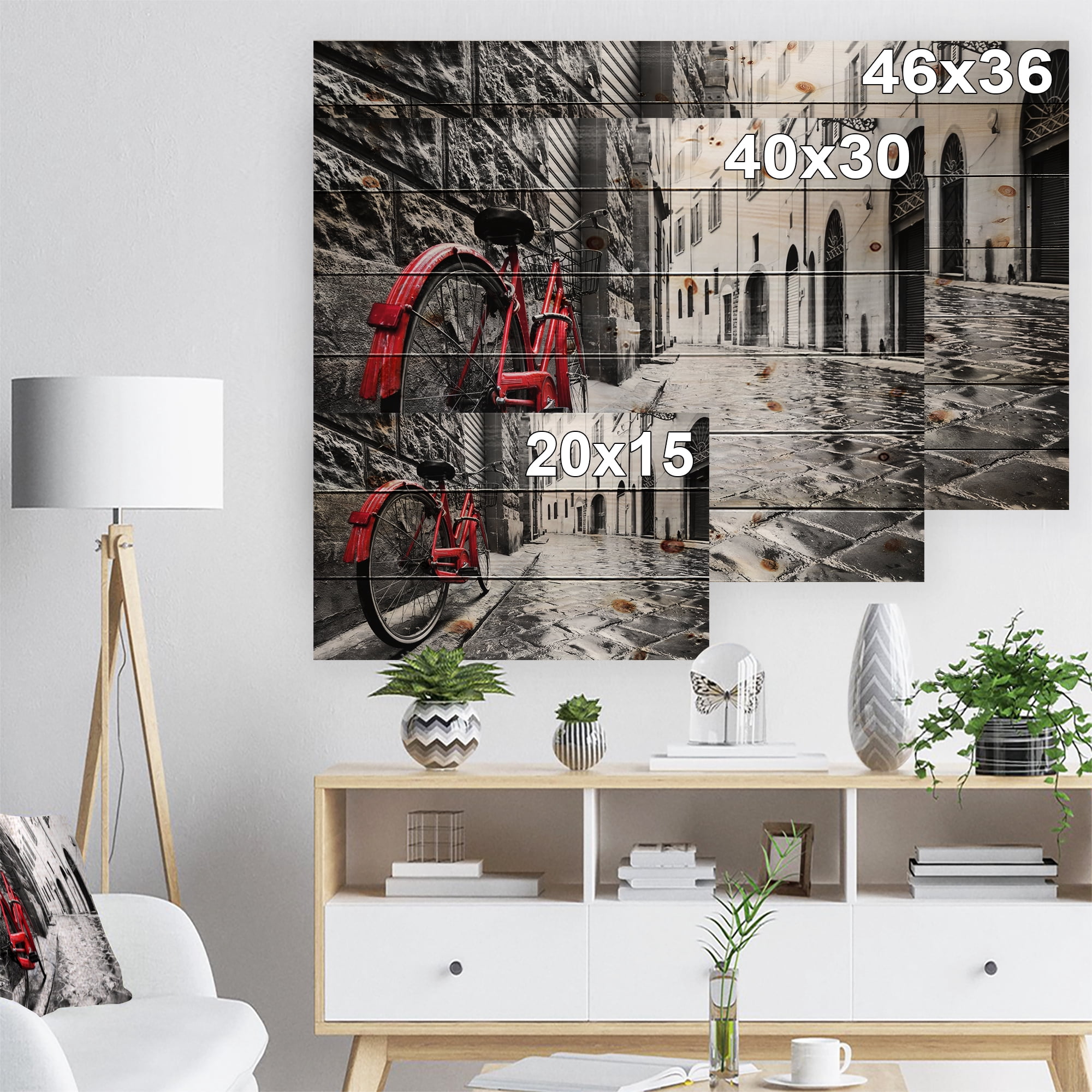 Designart 'Retro Vintage Red Bike' Cityscape Photo Print on Natural Pine Wood