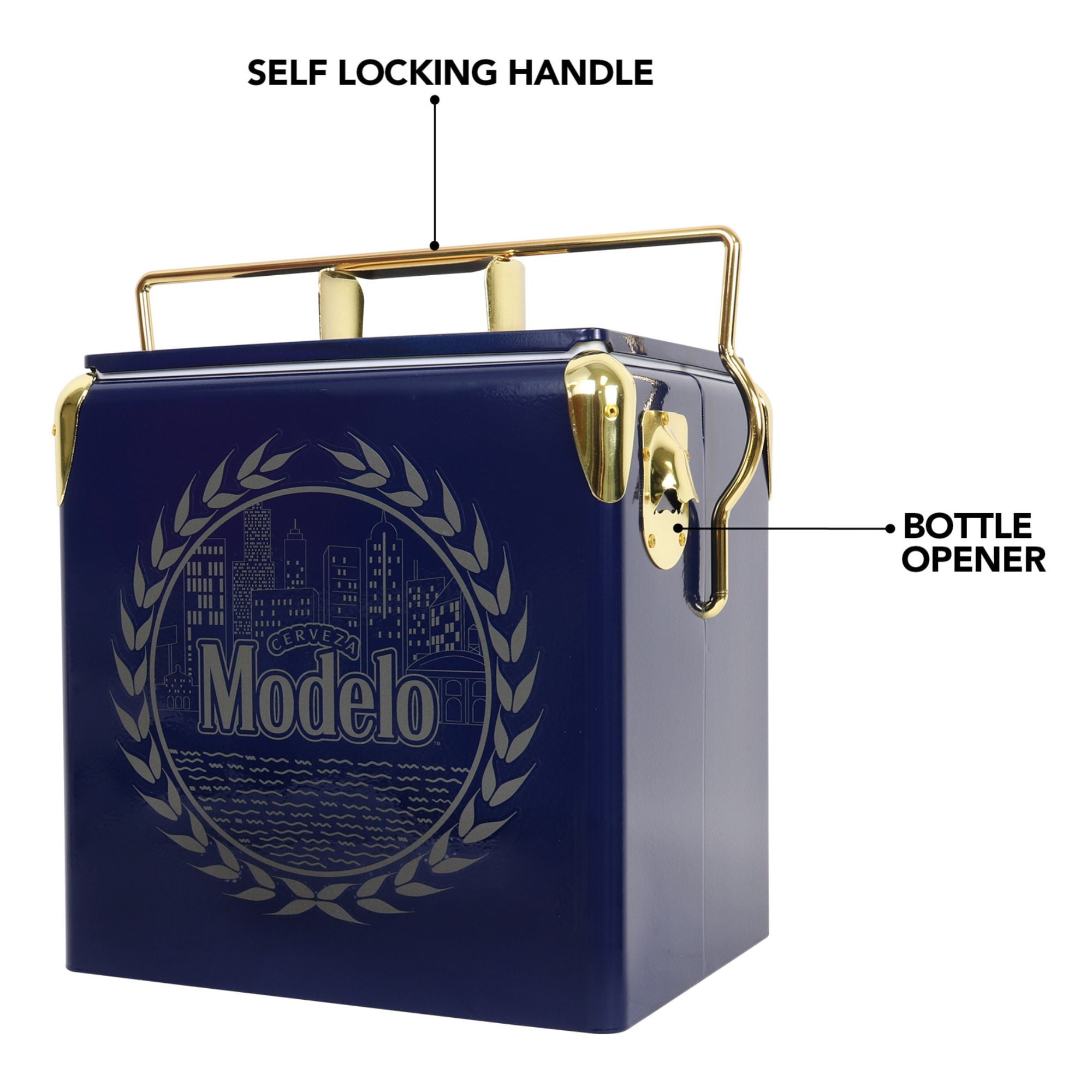 Modelo Retro Ice Chest Cooler with Bottle Opener 13L (14 qt), 18 Can  Capacity, Blue and Gold, Vintage Style Ice Bucket for Camping, Beach,  Picnic, RV