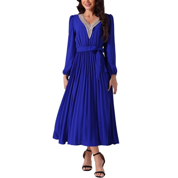 Vestido midi plisado fluido de manga larga con cuello en V y cinturón para mujer INSPIRE CHIC 2024 en azul real tamaño S