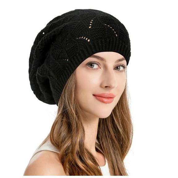 UJNDER Soft Knit Airy Cutout Lightweight Slouchy Crochet Beret Hat for Stylish Fashion and Everyday Wear Black