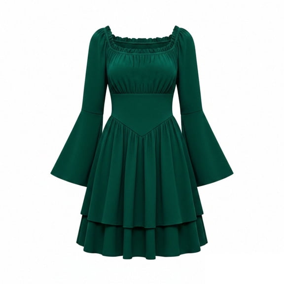 Fsgntruao Off Shoulder Batwing Dress for Women Long Sleeve Ruffle Hem Medieval Renaissance Halloween Cocktail GownArmy Green,L