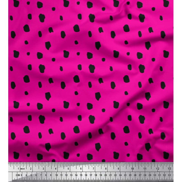 Soimoi Pink polyester Crepe Fabric Brush Stroke & Dots Abstract Print Sewing Fabric Yard 42 Inch Wide