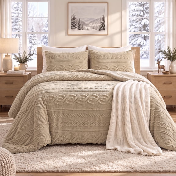 Regency Heights Jacquard Sherpa Cozy Comforter Set, 3-Piece Cable Knit Textured Bedding with Soft Plush Reverse, Full/Queen Size Warm Fluffy Comforter with Shams, Tan