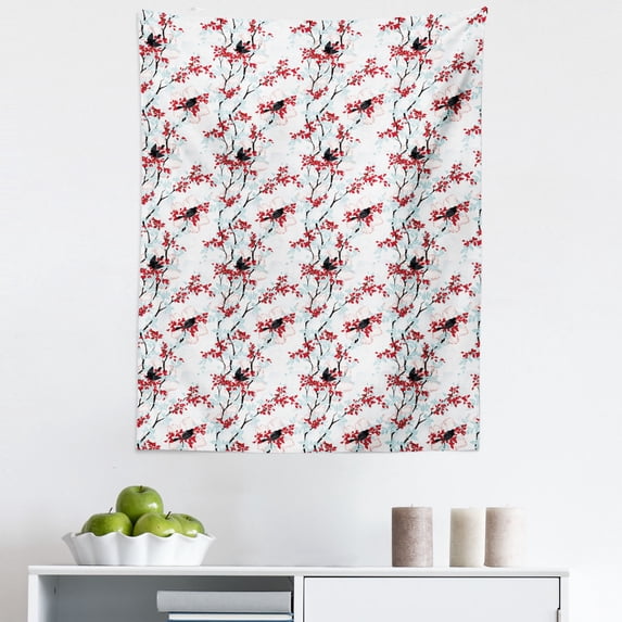 Spring Tapestry, Vintage Chinese Shabby Form Tree with Hummingbirds Flower Leaf Branch Image, Fabric Wall Hanging Decor for Bedroom Living Room Dorm, 5 Sizes, Pale Blue Red White, by Ambesonne