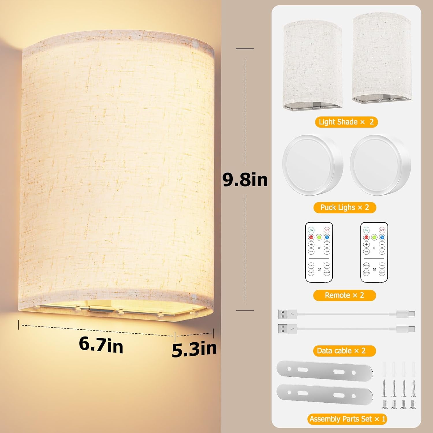 Laboreducer Battery Operated Wall Sconces Set of Two, 3 Colors Rechargeable Battery Powered Wall Lights with Remote Control Dimmable Fabric Wall Lamp for Bedroom Living Room