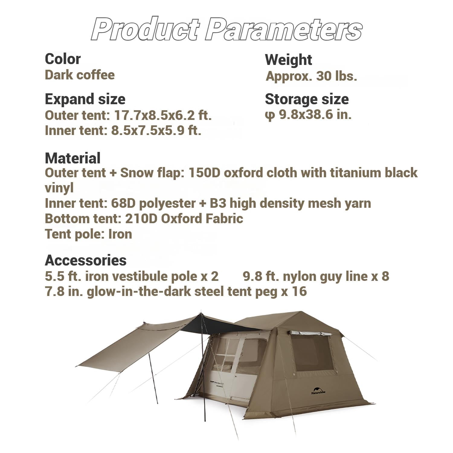 Naturehike, Family Camping Tent, Instant Setup Cabin Tent for 4 People with Rain fly, Quick-opening Family Tent with 1 Room, Outdoor Waterproof & Sun Protection Tent