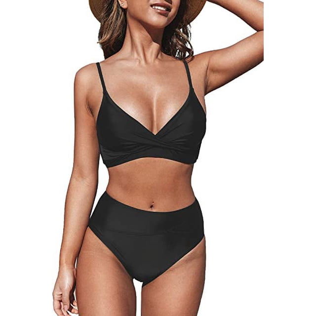 Conjunto de bikini de cintura alta trenzado para mujer, traje de baño elegante de 2 piezas con cuello en V