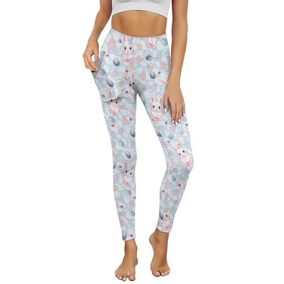 Renewold Easter Bunny Eggs Blue Yoga Pants for Women with Pockets Full Length Workout Leggings High Waist Tummy Control Lounge Pants Activewear Fashion Womens Leggings, XS