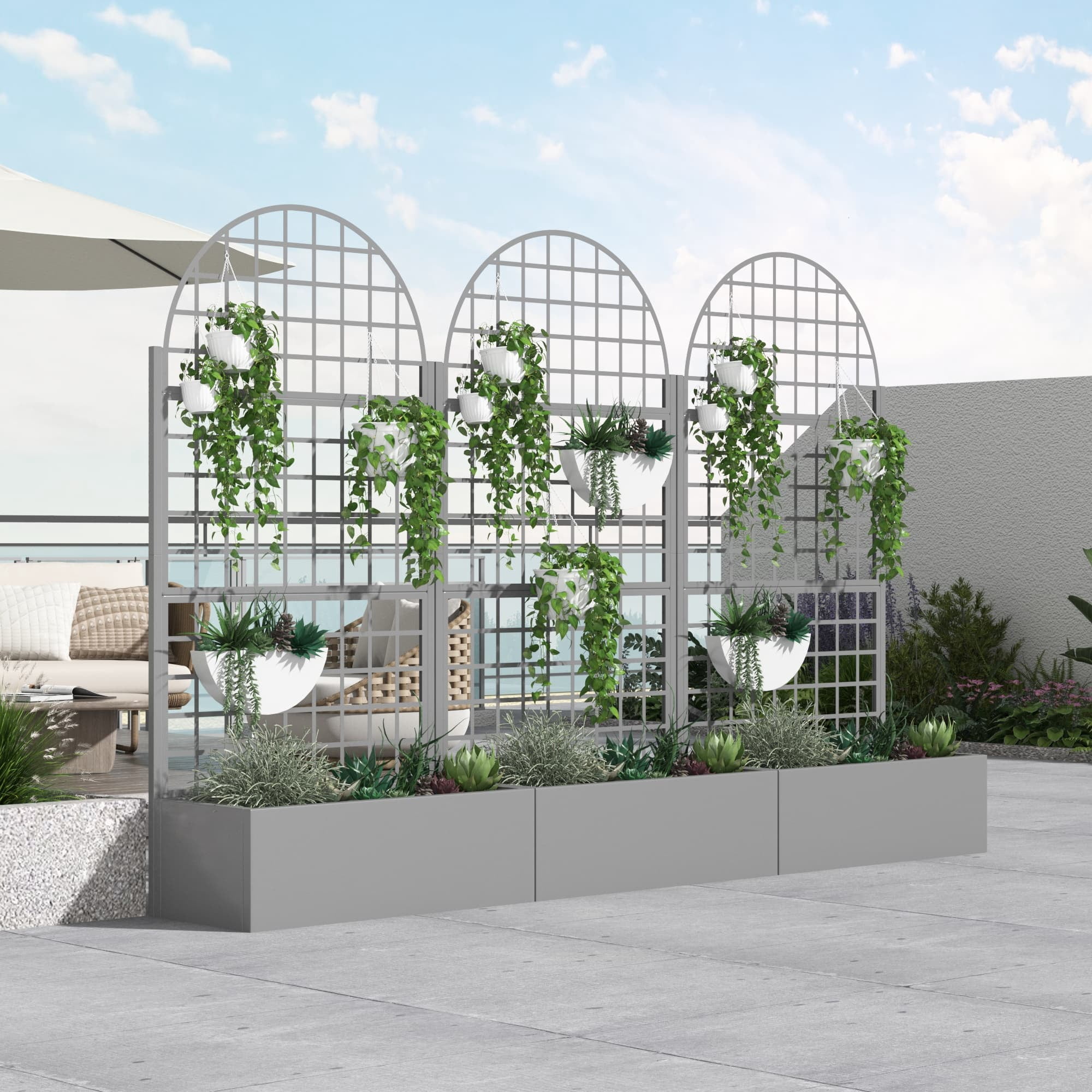 MAYEERTY 35*16*71"Outdoor Gray Metal Planter with Arch Climbing Trellis, Drainage hole & Wheels, Grid Pattern