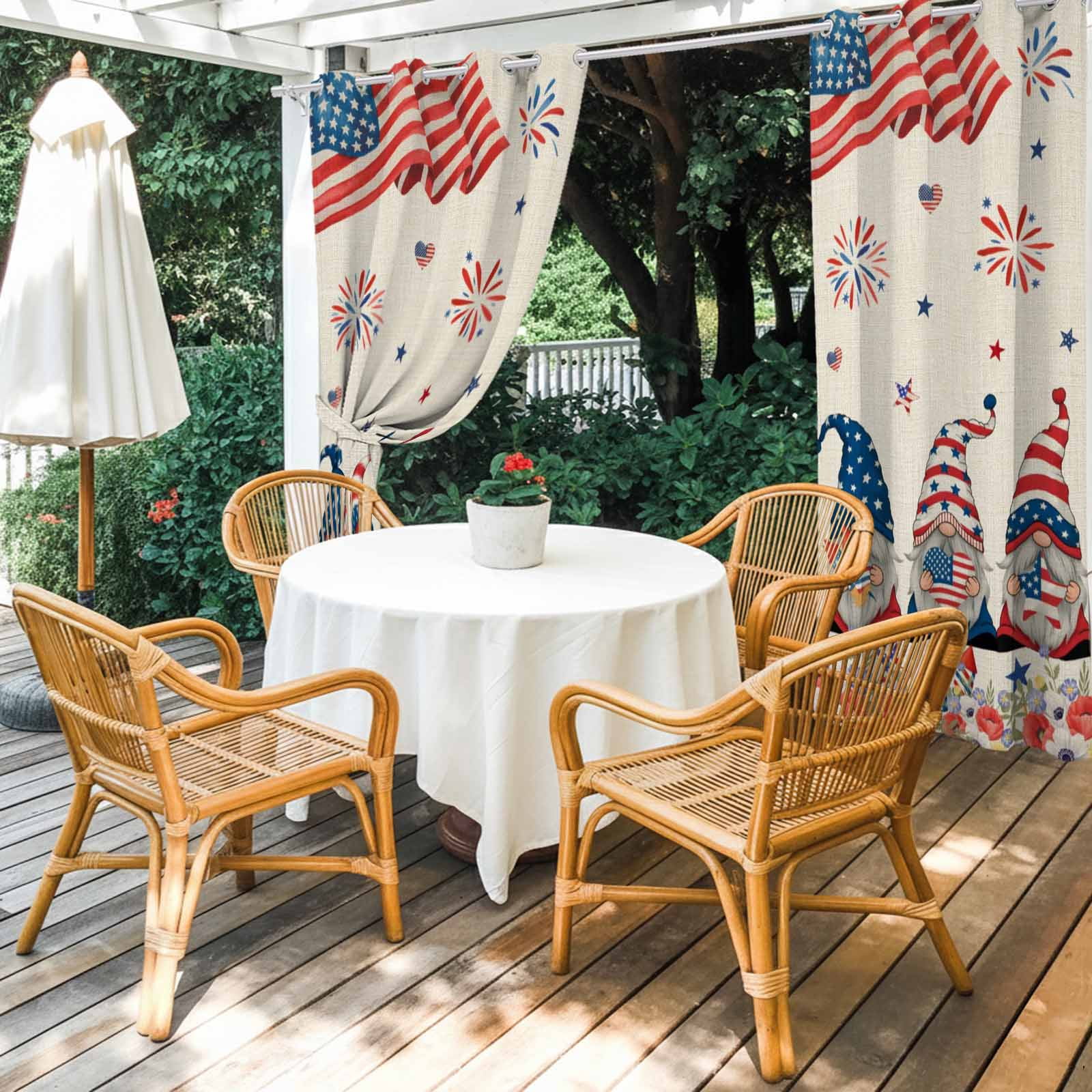 Independence Day Outdoor Curtains for Patio, Gnome Poppy US Flag Retro 4th of July Sunshade Privacy Drapes Grommet Waterproof Outside Curtains for Porch/Cabana/Balcony 54"x 108", 1 Panel