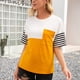 thumbnail image 4 of Camiseta de mujer Bloque de color a rayas Manga corta Cuello redondo Top suelto, Amarillo, M Vogacara AP001245-14, 4 of 7