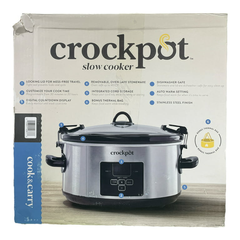 Crock-Pot Large 8 Quart Programmable Slow Cooker with Auto Warm Setting and  Cookbook, Black Stainless Steel