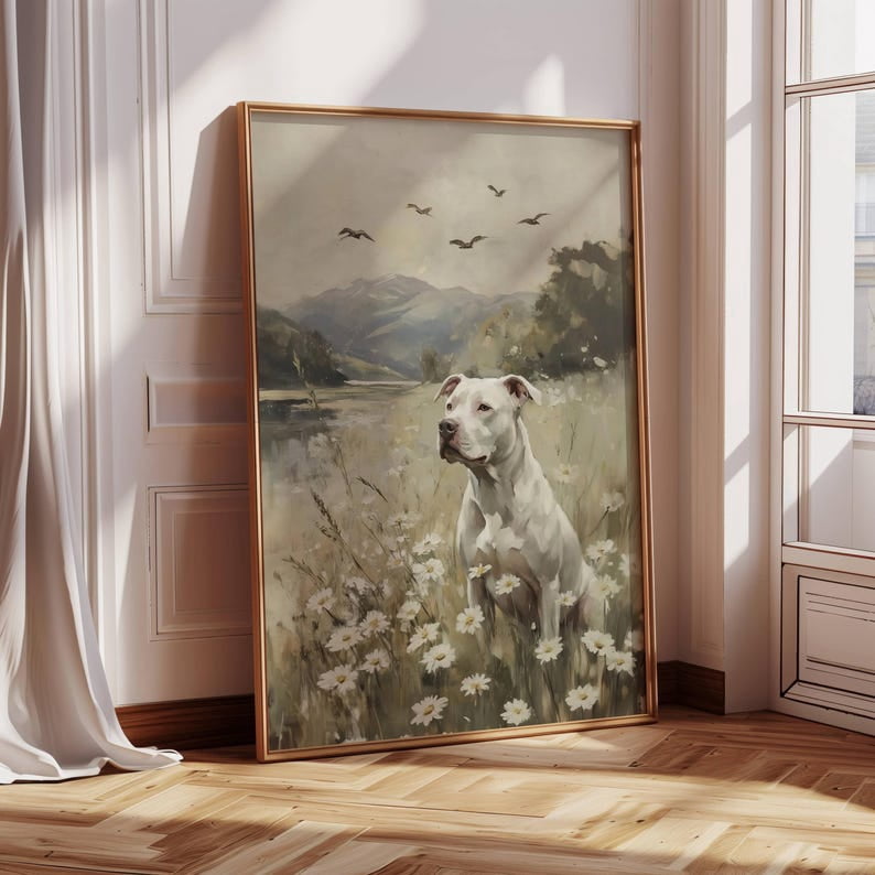 White American Staffordshire Pit Bull Memorial Portrait poster Wall Art Decor 16x24 UNFRAMED