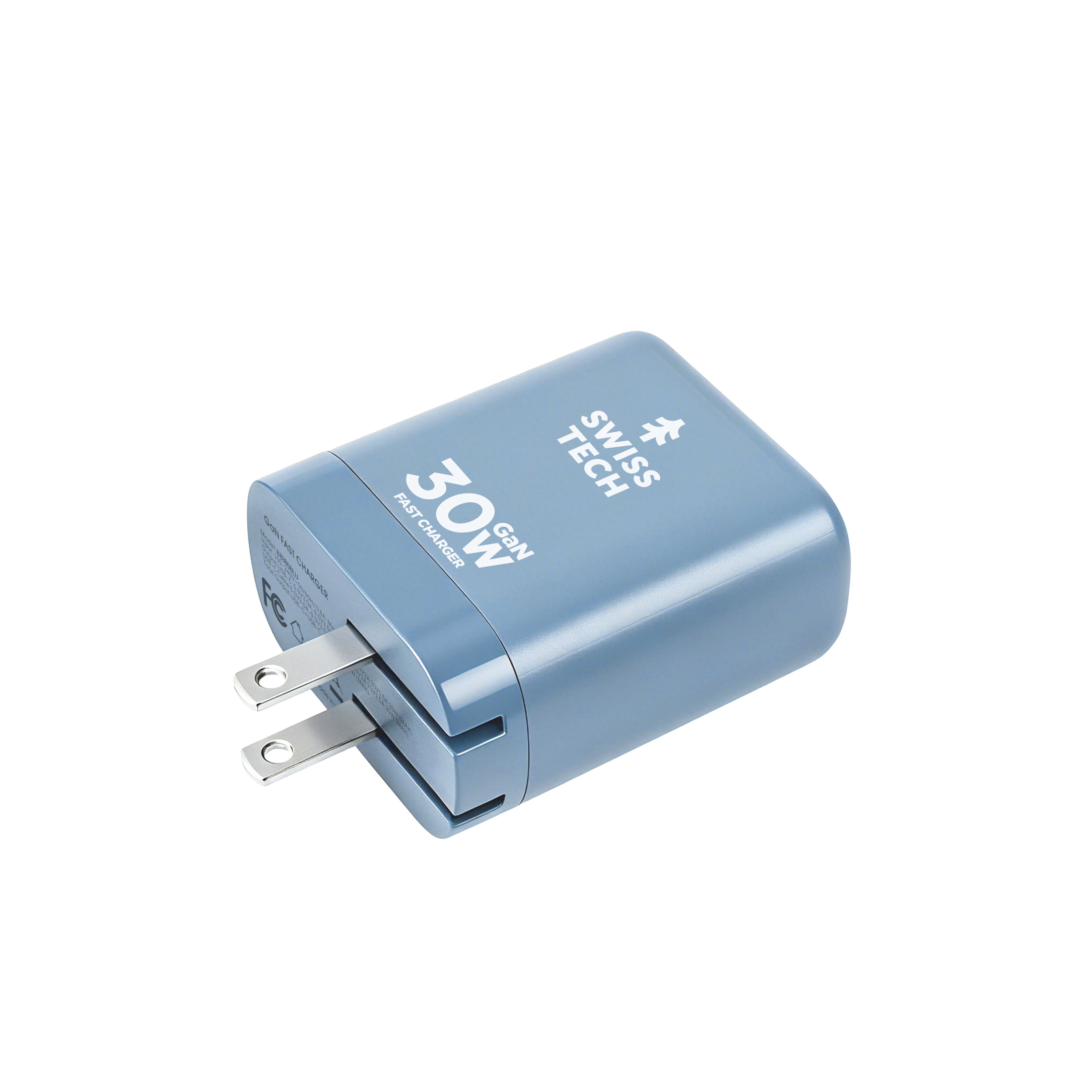 Swiss Tech Mussen 30W USB-C Wall Charger with Retractable Cable, Fast PD Charging, Cresta Blue