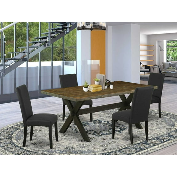 East West Furniture X677DR124-5 5-Pc Dining Table Set- 4 Dining Padded Chairs with Black Linen Fabric Seat and Stylish Chair Back - Rectangular Table Top & Wooden Cross Legs - Distressed Jacobean and
