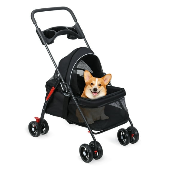 Happydeer 4 Wheels Pet Stroller, Foldable Dog Cat Stroller with Cup Holder for Small Medium Dogs Cats, Travel Carrier with Storage Basket, Breathable and Visible Mesh