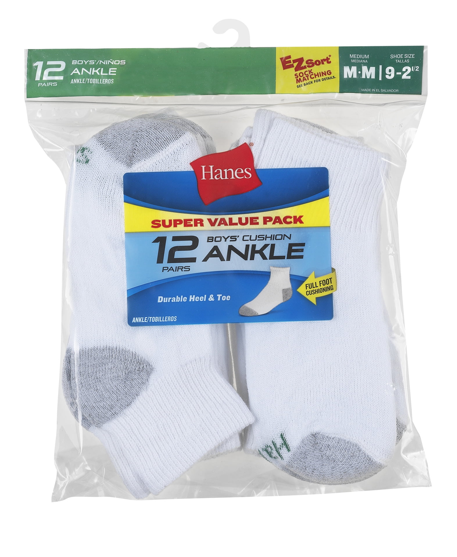 Hanes Boys Ankle Socks, 12 Pairs, Double Tough, Cushioned, Moisture-Wicking