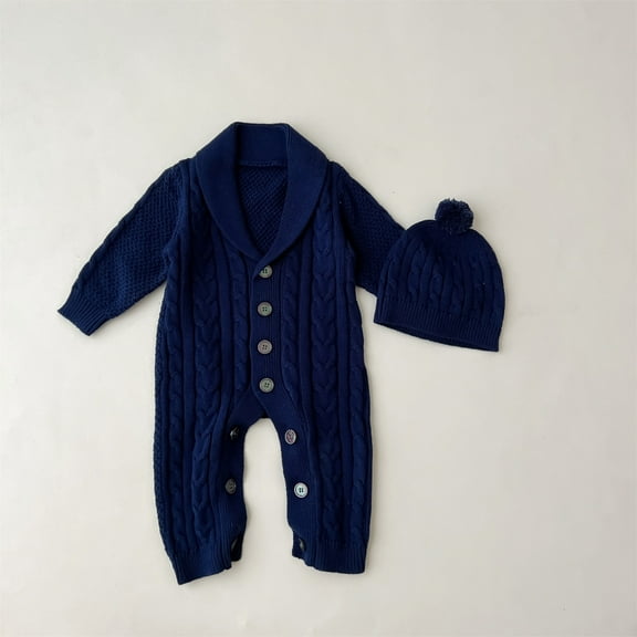 FAOWME Baby Boys Girls Knitted Outfits Long Sleeve Solid Color Buttons Down Warm Comfortable Sweater Romper Jumpsuit Hat Set For Autumn Winter Daily Wear,Dark Blue,18-24 Months