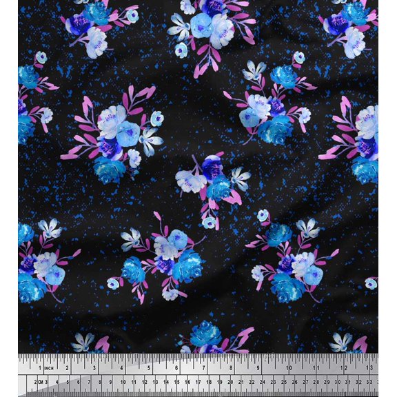 Soimoi Blue Cotton Duck Fabric Leaves & Floral Decor Fabric Printed BTY 42 Inch Wide