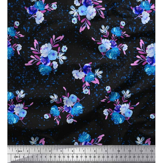 Soimoi Blue Polyester Crepe Fabric Leaves & Floral Decor Fabric Printed BTY 42 Inch Wide