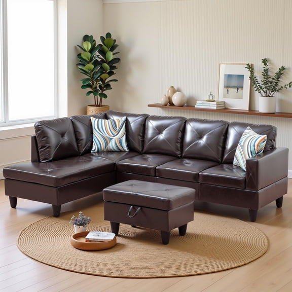Aukfa 3 Piece Sofa Set L shape Sectional Couch with Storage Ottoman for Living Room, 2 Pillows, Faux Leather, Brown