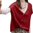 thumbnail image 2 of Short Sleeved Oversized Women Solid V-neck Casual Loose Knit Sweater Lightweight Button Tops, 2 of 6