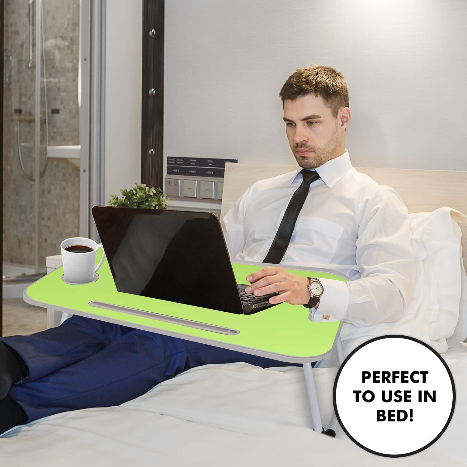 Folding Lap Desk for Bed and Sofa - Portable Wide Surface Bed Desk with Built-in Cup Holder and Tablet or Phone Slot for Working, Studying, Eating, and Watching Movies (Green)