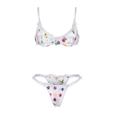 

Mackneog Plus Size Underwear Flowers Embroidery Bra G-String Thong Sleepwear Underwear Women Lingerie Polyester Night Dress for Women Sleepwear