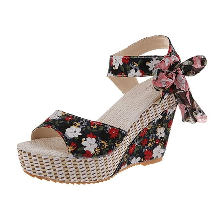 

Inkach Women Solid Summer Ladies Bandage Sandals Slope Heel Beach Shoes