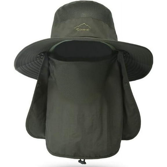 Men Women Outdoor UV Sun Protection Wide Brim Hat with Face Cover & Neck Flap Hat with Removable Mesh Face Neck Flap Cover Windproof Strap