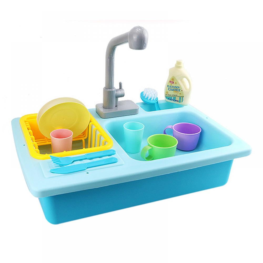 Hand-Eye Coordination Training Playset Blue Automatic Water Cycle System Kids Pretend Toy Kitchen Sink Toy with Running Water 