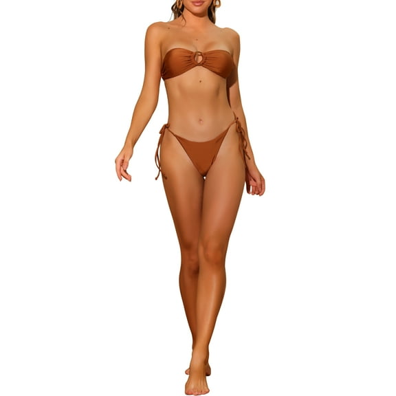 INSPIRE CHIC Women's O Ring Bandeau Bikini Sets, 2 Piece Strapless Lace Up Swimsuit Bathing Suit Swimwear