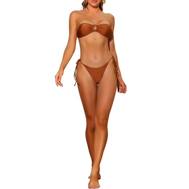 Conjuntos de bikini de dos piezas sin tirantes de anillo O de INSPIRE CHIC para mujeres, traje de baño M Marrón