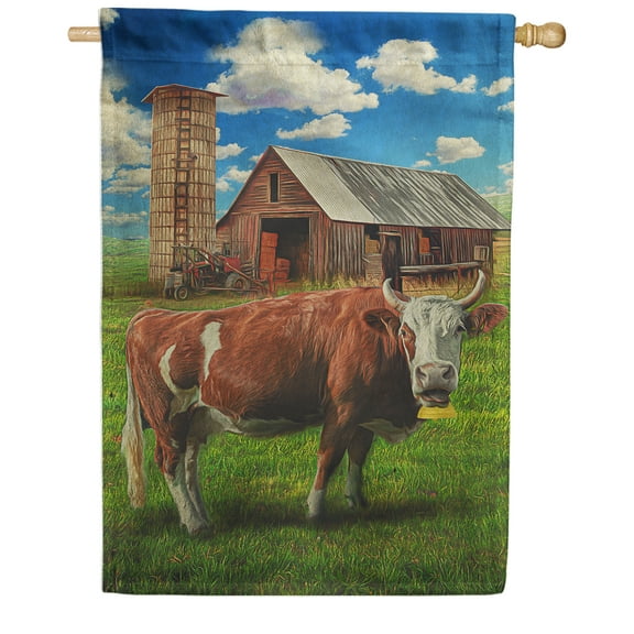 America Forever Farm Cow Red Barn Summer House Flag 28 x 40 inches American Country Life Farm Animal Bull Buffalo Double Sided Seasonal Yard Outdoor Decorative Rustic House Flag