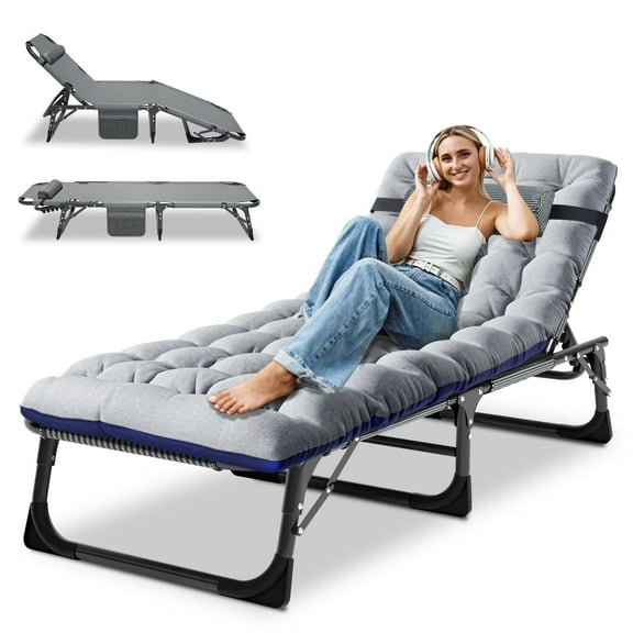 MOPHOTO Folding Camping Cot, Portable Folding Lounge Chair, Adjustable 4-Position Adults Reclining Folding Chaise with Pillow, Sleeping Cots,Patio Lounge Chairs with Cushion