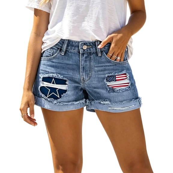 Domzest Women's Patriotic Denim Shorts Mid-High Waisted American Flag Distressed Star Print Rolled Hem Jean Shorts Blue XXL