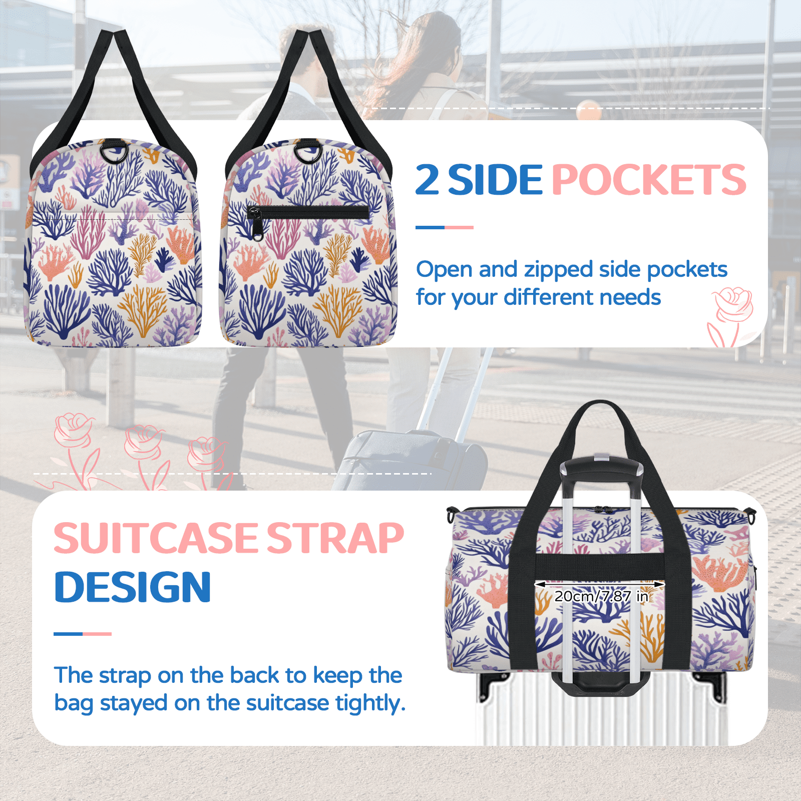 Herdesigns Coral Beach Travel Duffle Bag Sports Yoga Weekender Overnight Carry on Workout Bags Lightweight Waterproof Gym Tote Bag for Women Ocean Coastal