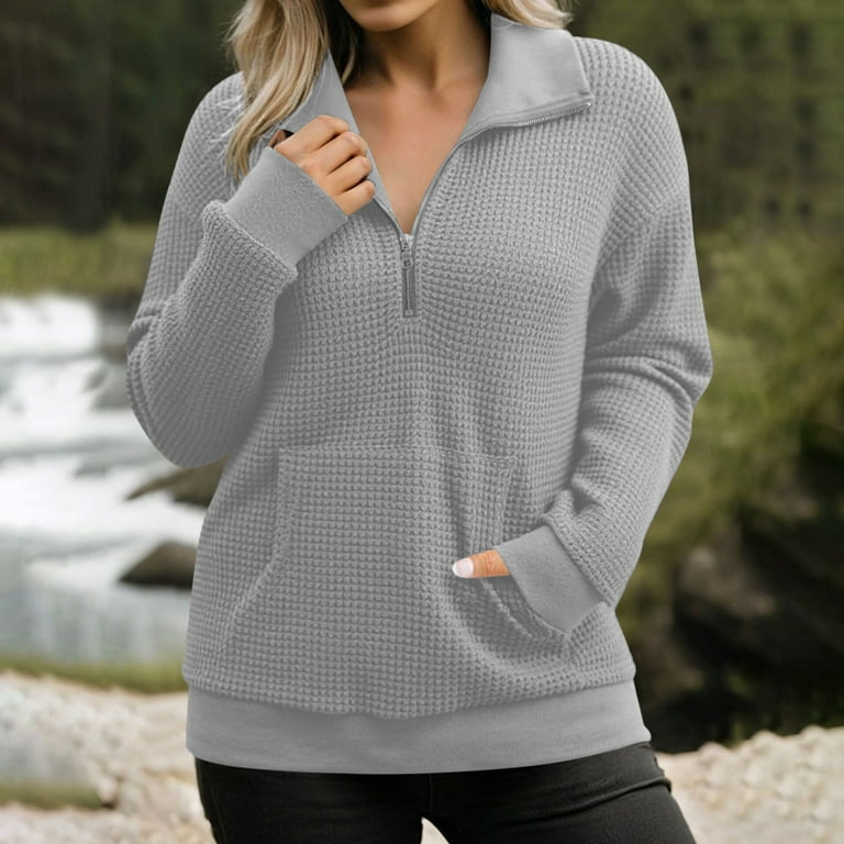 RYRJJ Womens Sweatshirt Waffle Knit Long Sleeve Lapel Half Zip Up