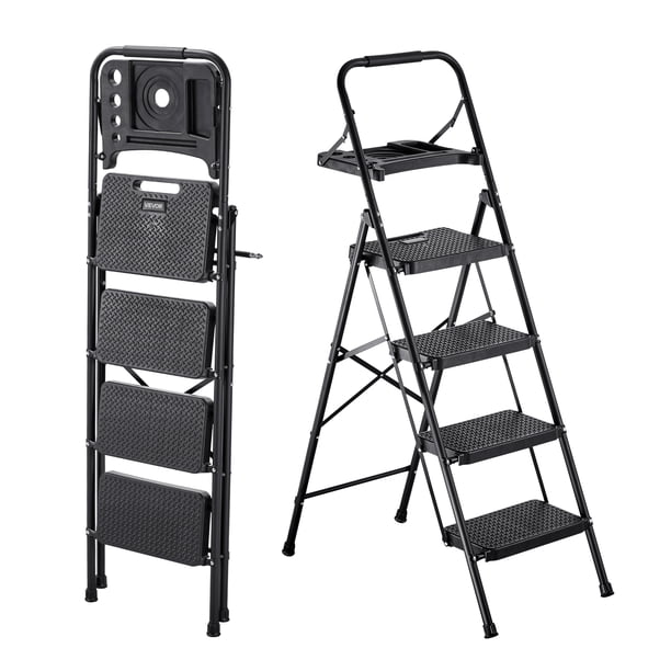 Escalera plegable de 4 peldaños VEVOR con pedal ancho antideslizante, bandeja para herramientas y empuñadura cómoda. Capacidad de 272 kg. Multiusos para cocina, hogar y oficina. Color negro.