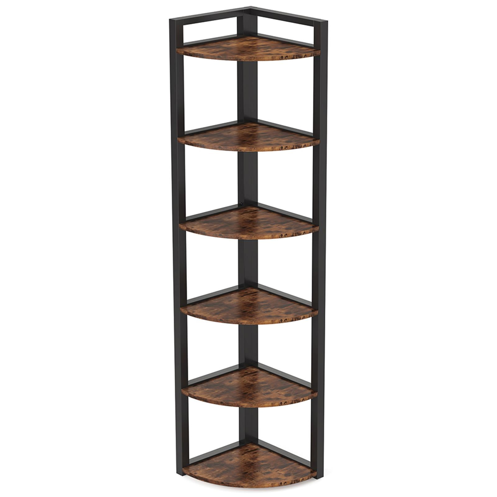 Demi Bonn 6 Tier Corner Bookshelf, Wood and Metal Bookcase Storage Organizer, 70" Tall Display Standing Shelf Unit for Bedroom, Living Room, Brown