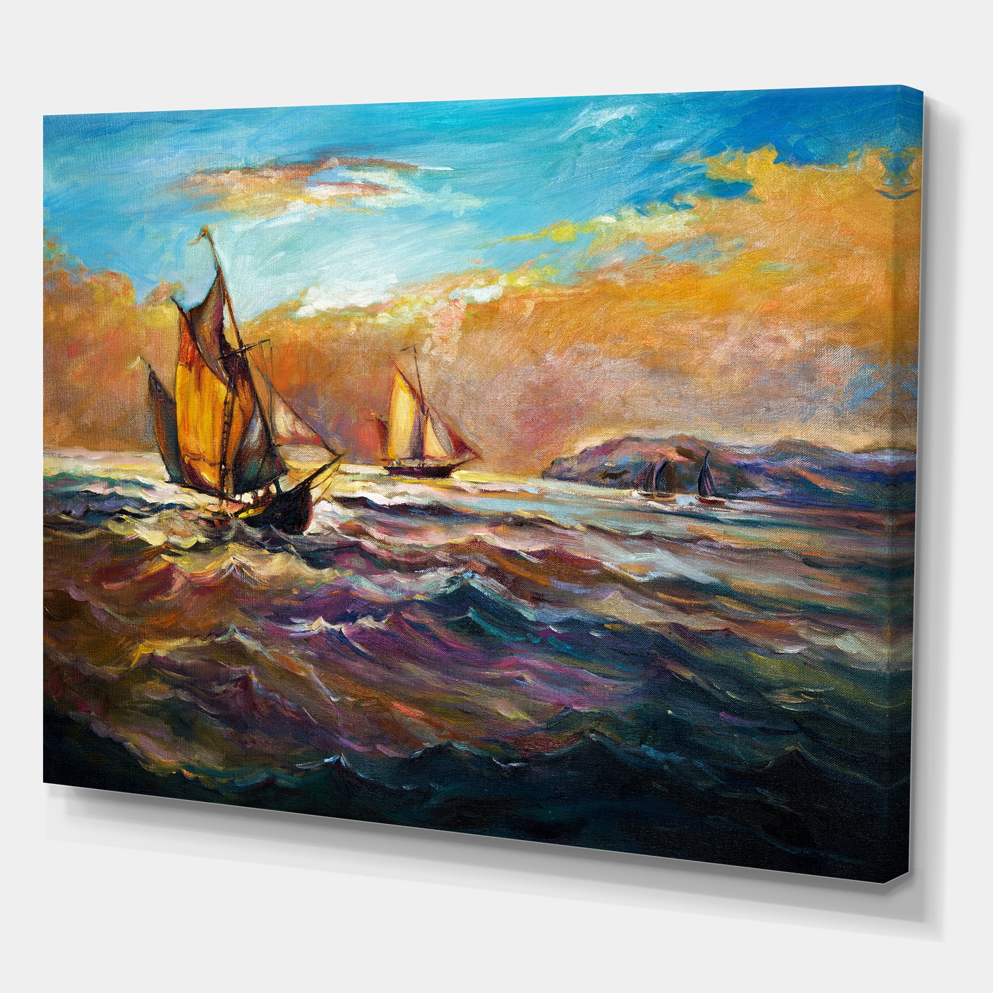 Designart ' Boats During Evening Sunset In The Ocean II ' Nautical & Coastal Canvas Wall Art Print