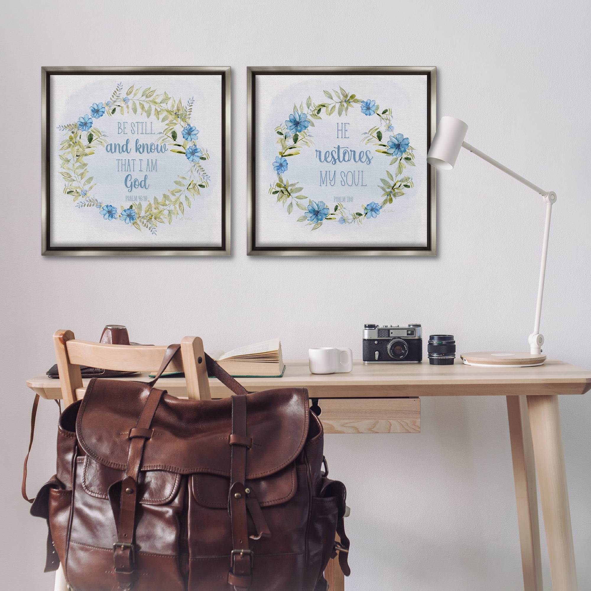 Stupell Industries Be Still Restores Psalm Religious & Spiritual Painting Gray Floater Framed Canvas Art Print Wall Art, 25 x 25, Set of 2