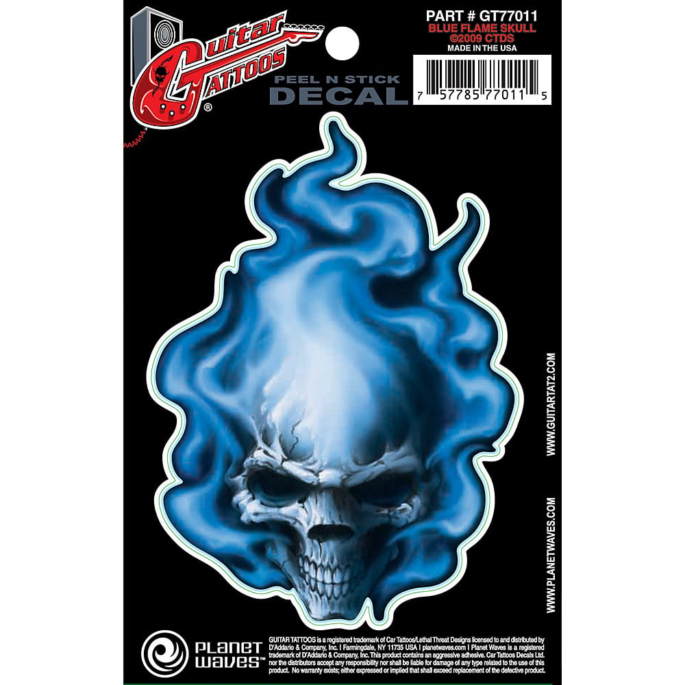 D'Addario Planet Waves Guitar Tattoo Decal Blue Flame Skull